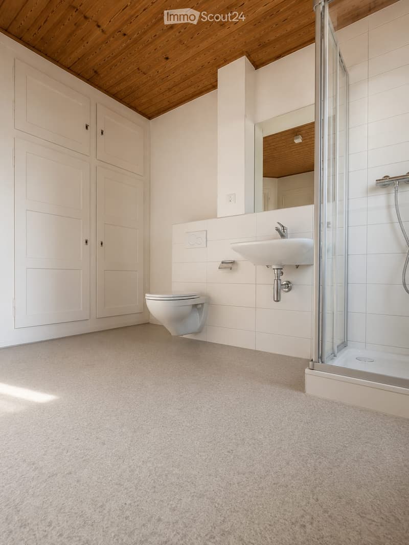 Modern bathroom with white tiles, a toilet, a sink, a mirror, and a glass-enclosed shower. The room features a wooden slanted ceiling and white cabinetry.