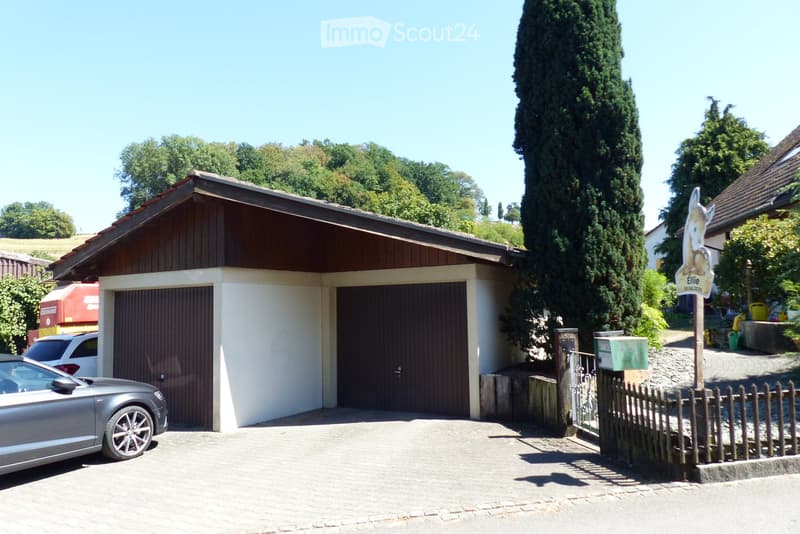 A single-story garage with a brown roof and white walls, situated in a residential area with trees and a paved driveway.