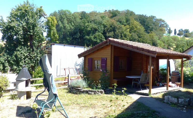 A small wooden cabin with a covered porch, surrounded by a garden with a barbecue, swing chair, and outdoor furniture.