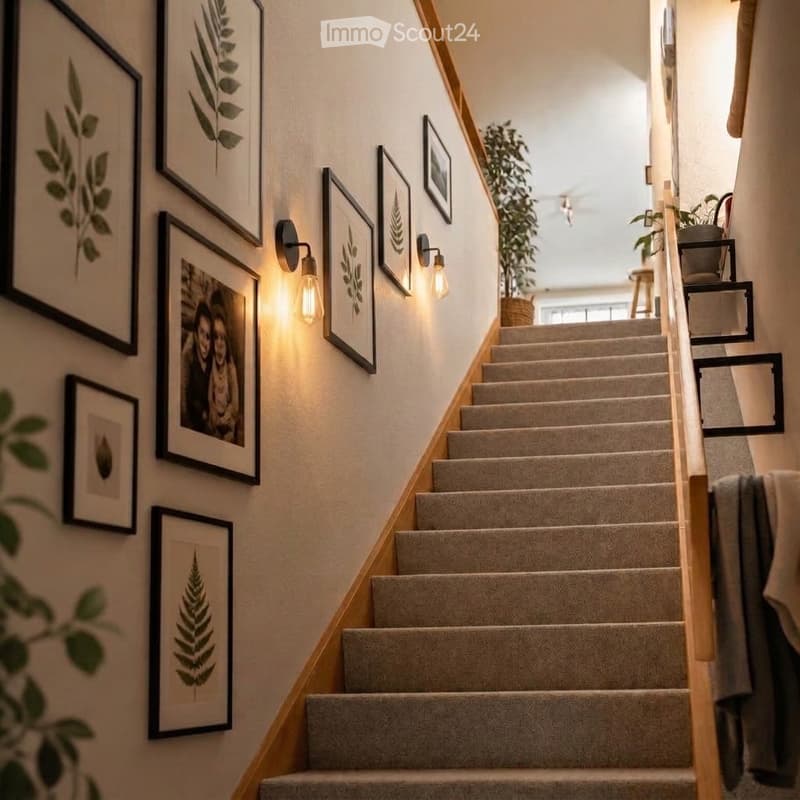 Carpeted staircase with wooden handrail, wall-mounted lamps, and framed artwork on the walls.