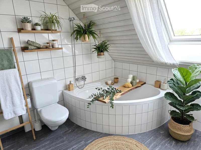 Modern bathroom with a freestanding bathtub, toilet, wooden tray with candles, potted plants, and shelves holding towels and decorative items.