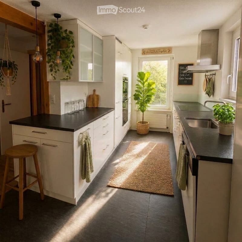 Modern kitchen with white cabinets, black countertops, a wooden stool, a potted plant, and a hanging basket. Features a large window with a view of greenery, a sink, and a stove.