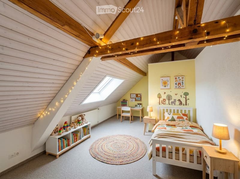 Cozy attic bedroom with wooden beams, skylight, and playful decor including a bed, nightstand, desk, bookshelf, and toys.
