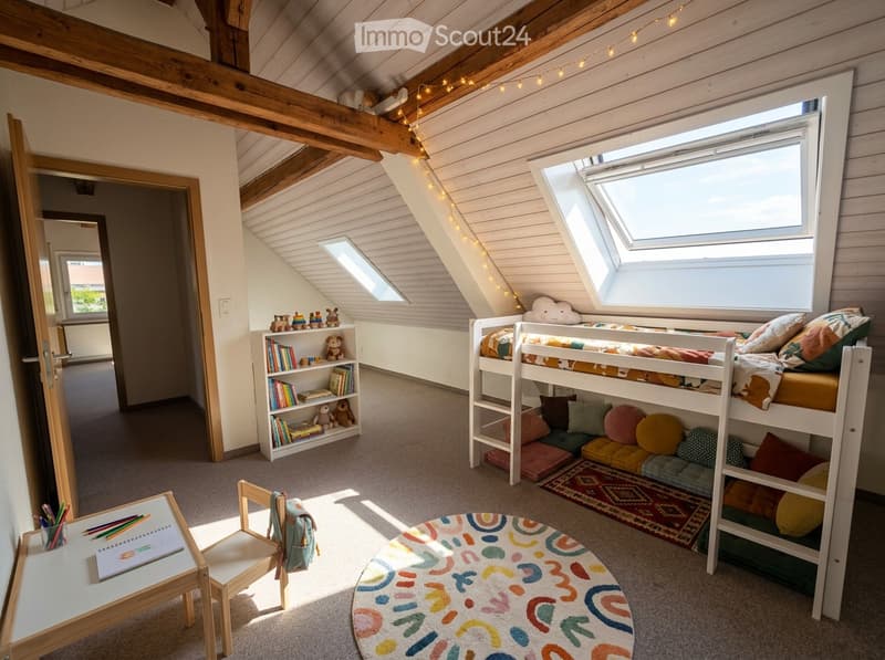 Bright attic bedroom with wooden beams, skylight windows, bunk bed, colorful rug, bookshelf, small table, and chair.