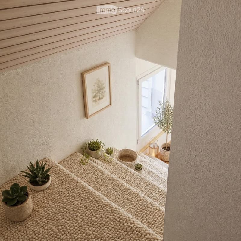 A modern hallway with a textured white wall, a framed picture, and a small window leading to a bright area with potted plants and a woven basket on the floor.