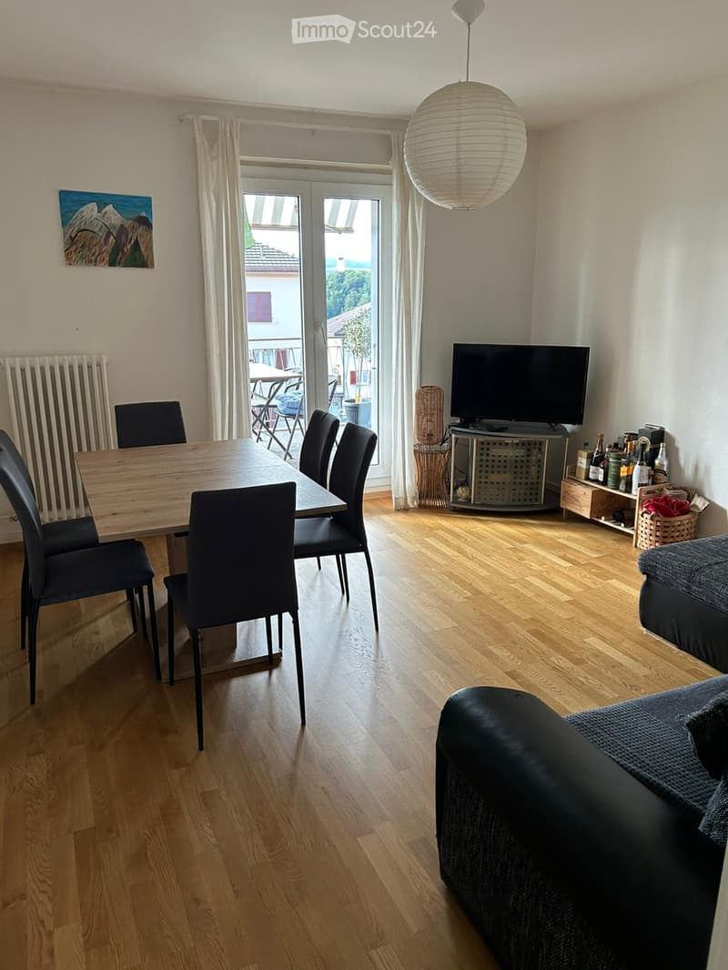 Open-plan living and dining area with wooden flooring, a sofa, a dining table with chairs, a television, and a pendant light.