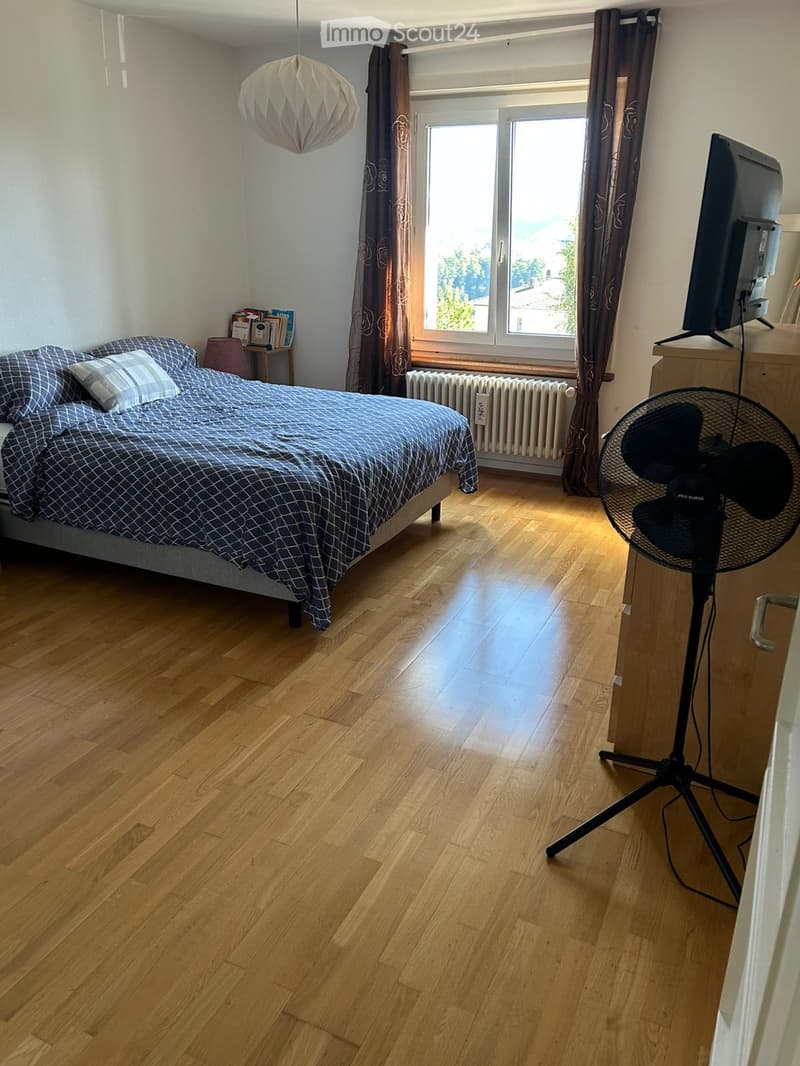 Cozy bedroom with wooden flooring, a bed with blue bedding, a fan, a television on a stand, a small table with books, and a window with curtains.