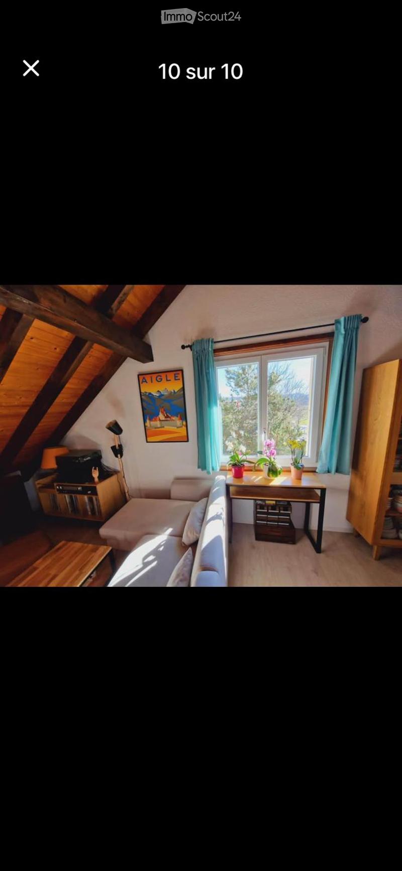 Cozy living room with wooden beams, large window with blue curtains, sofa, small table, potted plants, and a wooden cabinet.