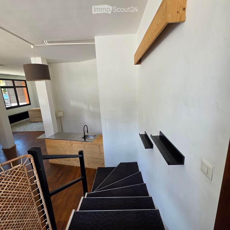 Modern hallway with wooden flooring, white walls, a staircase with black carpeted steps, a small kitchen area with a sink, and a hanging lamp.