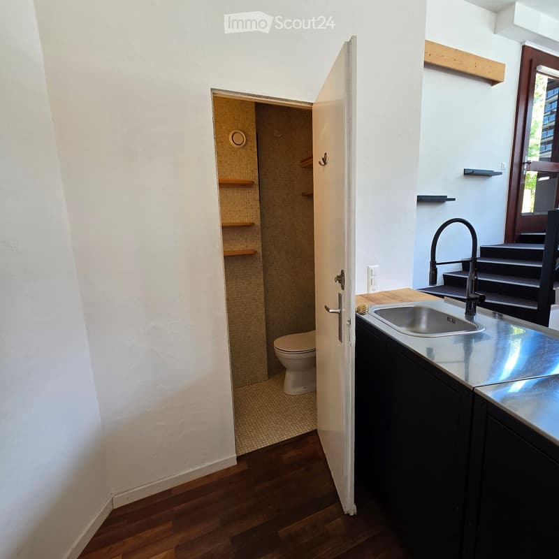 Bathroom with a toilet, sink, and faucet. The sink has a modern faucet and is mounted on a dark cabinet. The floor is wooden, and the walls are white.