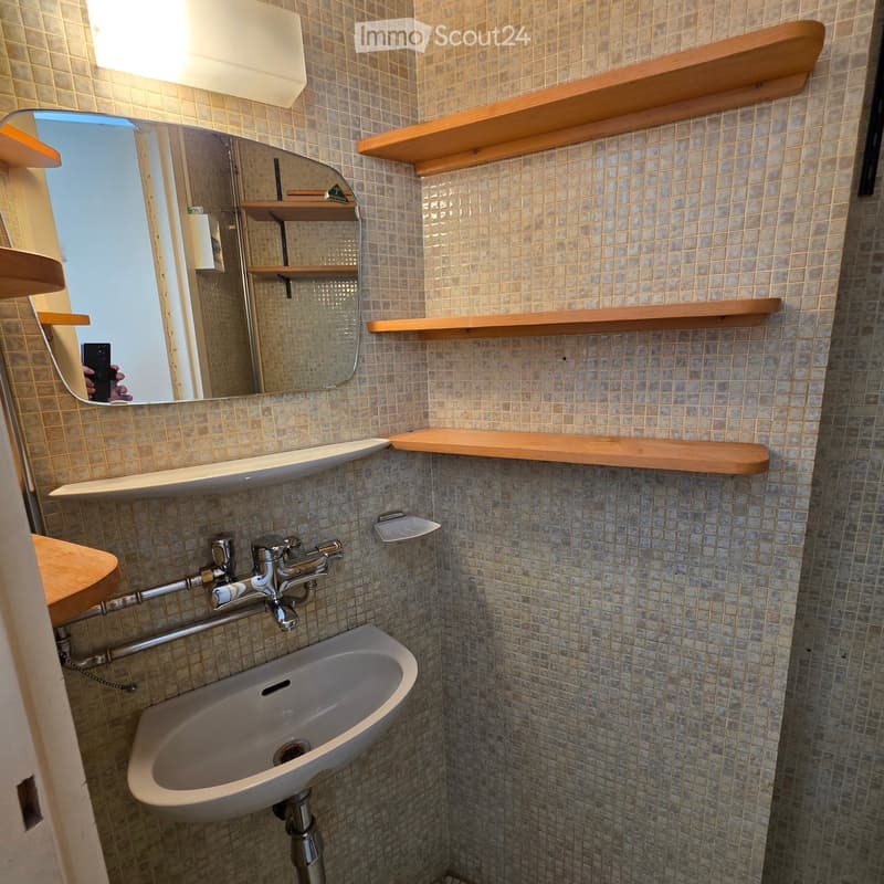 Small bathroom with a white sink, chrome faucet, wooden shelves, and a large mirror reflecting the window.