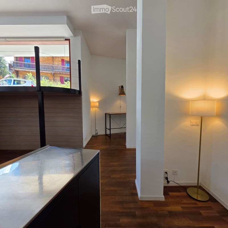 Modern hallway with wooden flooring, white walls, a small table, and floor lamps. Features a glass-enclosed balcony area with a view of the street.