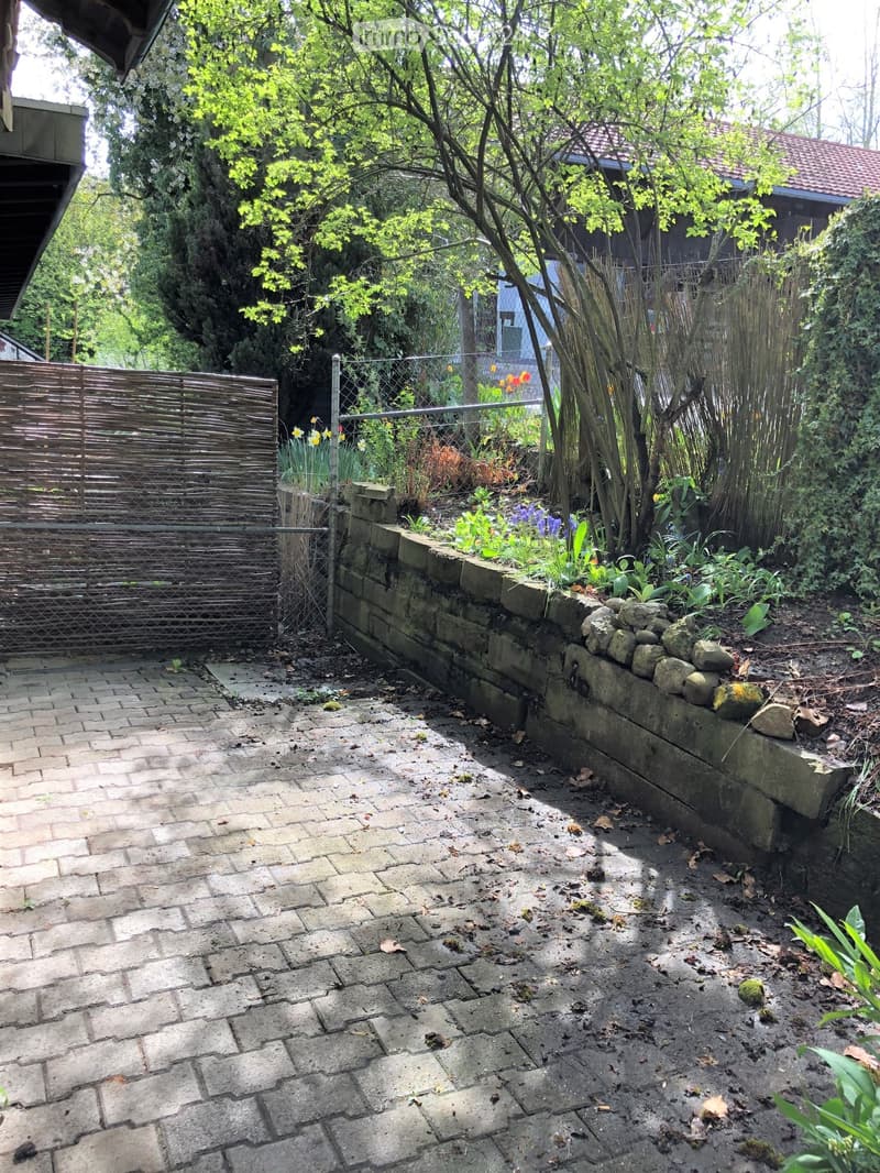 Garden area with a stone-paved pathway, a low stone wall, a metal fence, and various plants and trees.