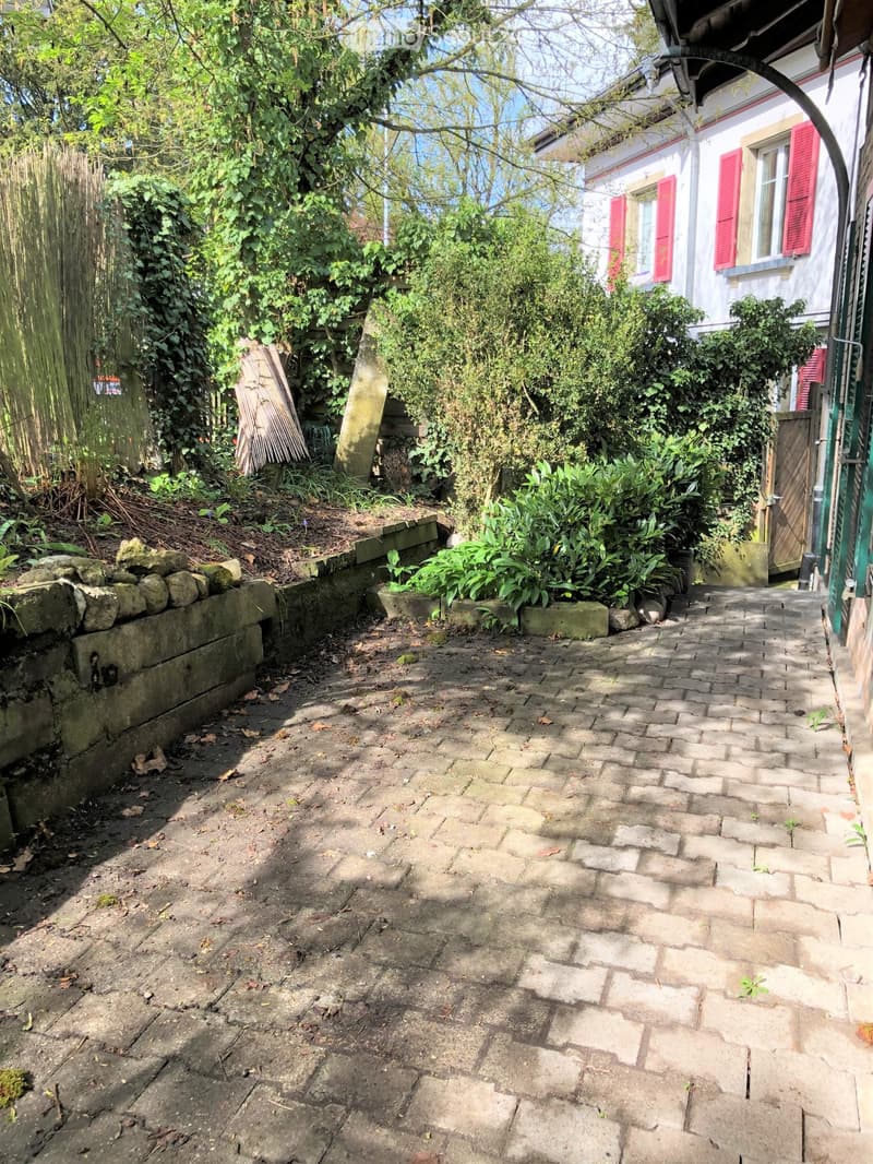 Garden area with a paved pathway, lush greenery, and a stone wall. The pathway leads to a house with red shutters visible in the background.