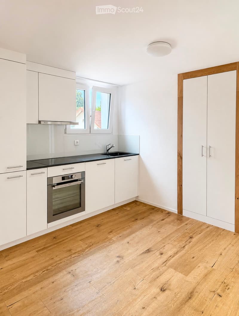 Modern kitchen with white cabinets, wooden flooring, and stainless steel appliances including an oven and sink.