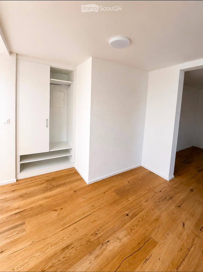 Empty room with light wooden flooring, white walls, built-in closet with shelves, and a recessed ceiling light.
