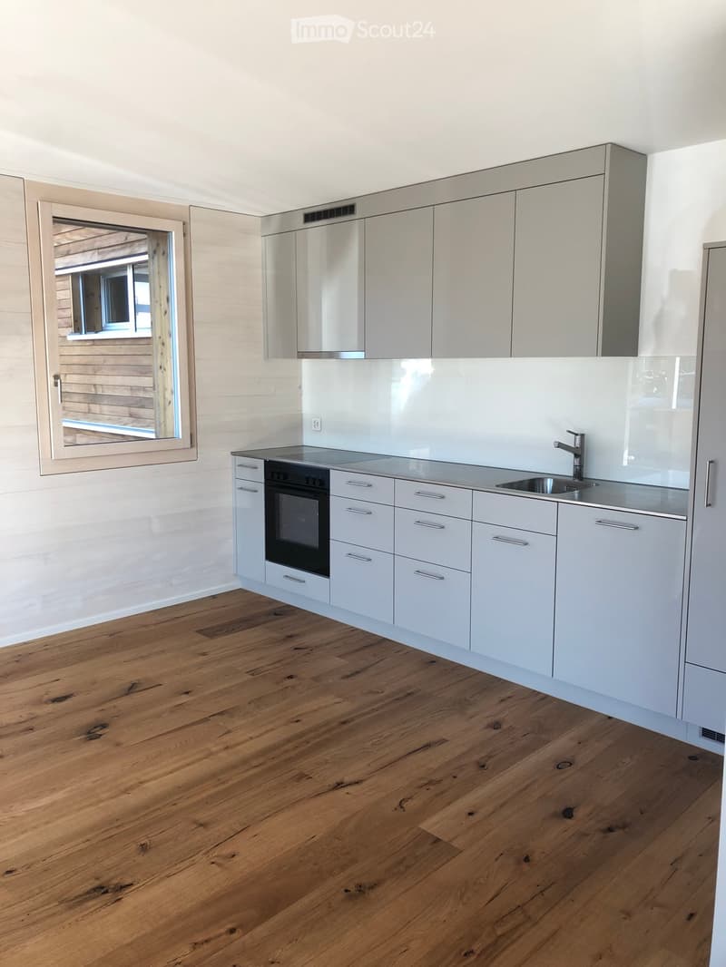Modern kitchen with light grey cabinets, wooden flooring, and a large window overlooking an outdoor area.