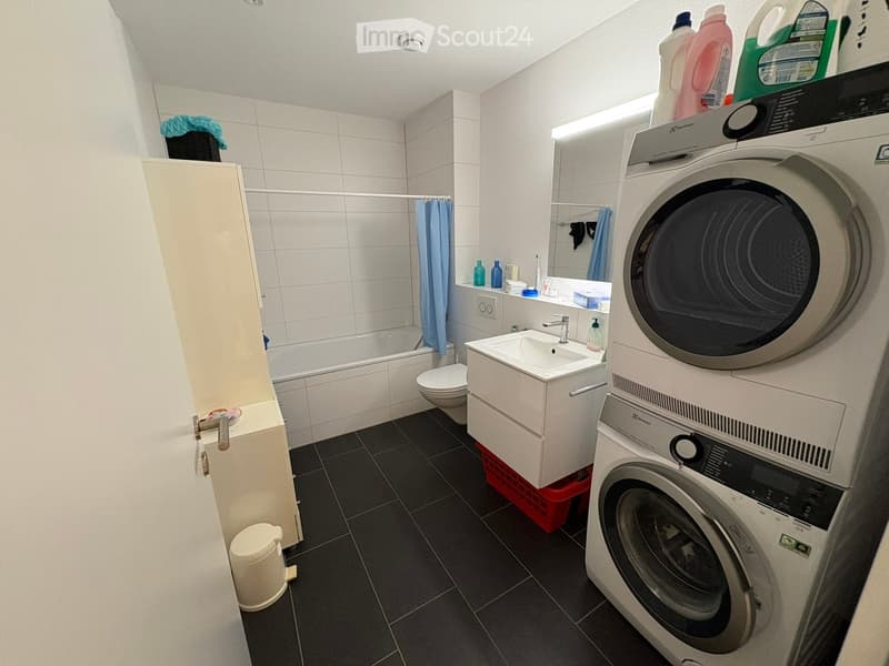 Modern bathroom with a bathtub, toilet, sink, mirror, and a washing machine. The space features white tiled walls, a dark tiled floor, and a built-in cabinet.