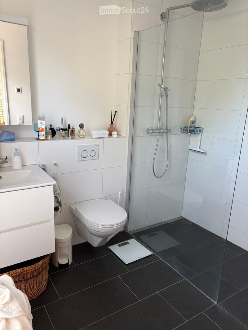 Modern bathroom with white tiles, black floor tiles, a glass-enclosed shower, a sink with a cabinet, a toilet, a scale, and a wicker basket.