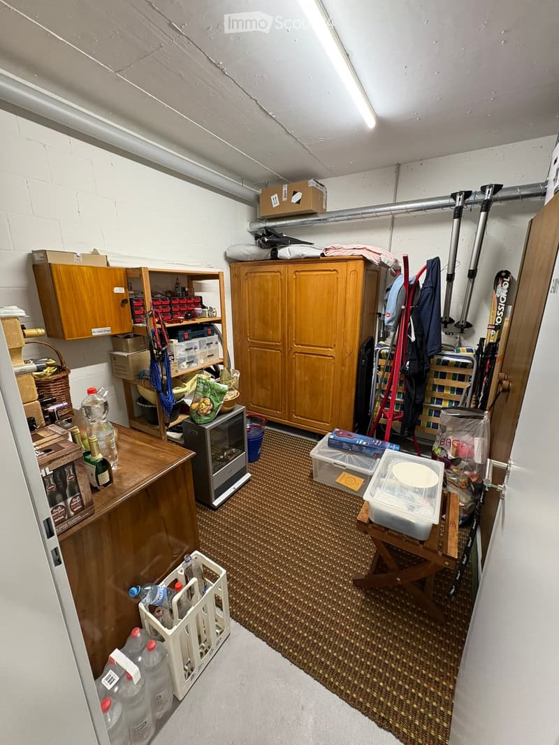 A small, organized storage room with wooden cabinets, shelves, a small refrigerator, and various storage items including bottles, baskets, and plastic containers.