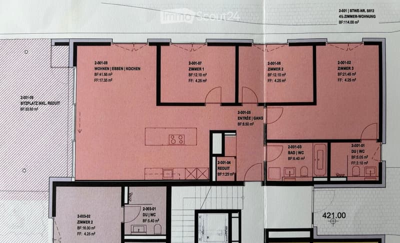 Floor plan of a 4-room apartment with labeled rooms including living/dining/kitchen area, three bedrooms, two bathrooms, entrance hall, and a sitting area.