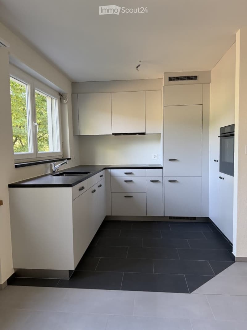 Modern kitchen with white cabinets, black countertops, and black tiled floor. Features a sink with a faucet and ample storage space.