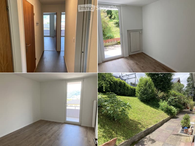 Four images showing an unfurnished room with wooden flooring, white walls, a sliding glass door leading to a garden, and a hallway with wooden doors.