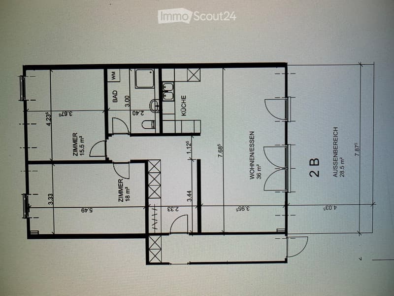 Floor plan showing a layout with a kitchen, bathroom, two bedrooms, and a living area.