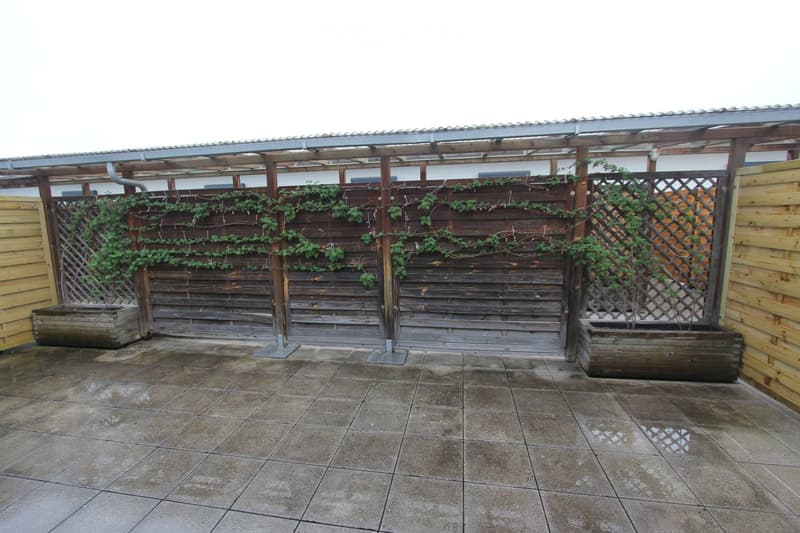 A covered outdoor patio with a tiled floor, wooden fence, climbing plants, and two wooden planters on either side.