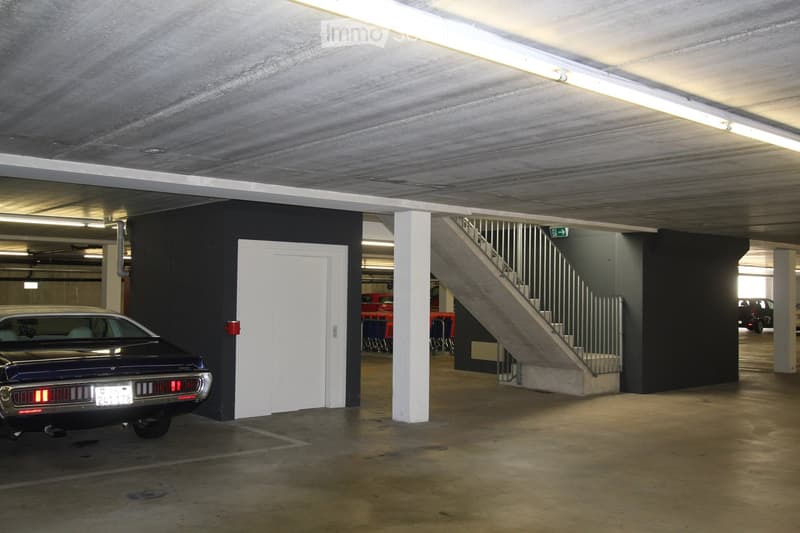 Underground parking area with concrete floors and walls, featuring a parked car, a staircase, and a white door.