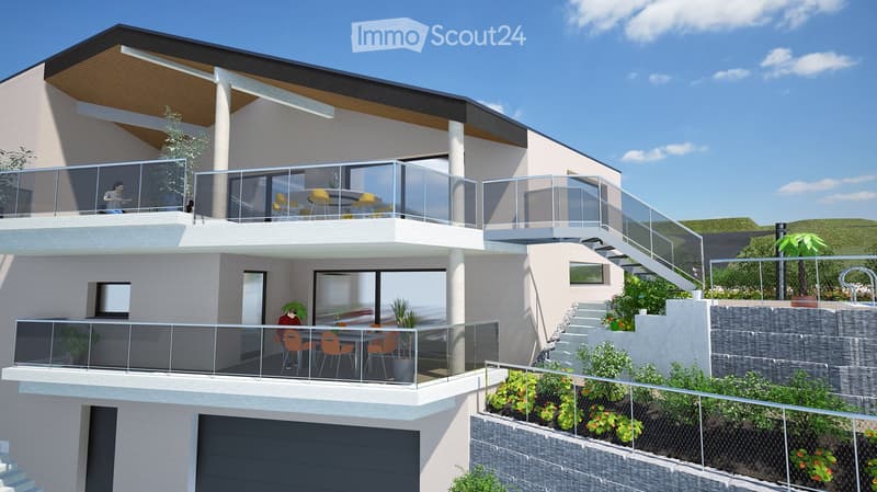 Modern two-story house with balconies, glass railings, and a garage. Features include a raised ground floor, outdoor seating areas, and landscaped garden.