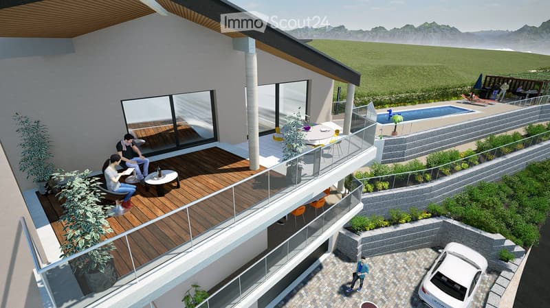 3D rendering of a modern house with a spacious balcony, outdoor seating area, swimming pool, and scenic view of a green field and mountains.