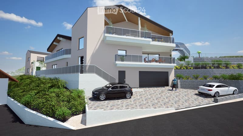 Modern two-story house with balconies, garage, and parking area for two cars.
