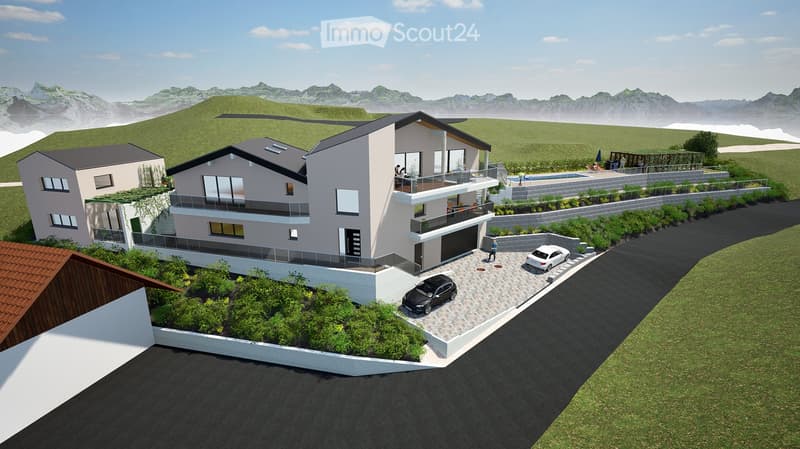 3-story modern house with balconies, garage, swimming pool, and landscaped garden.