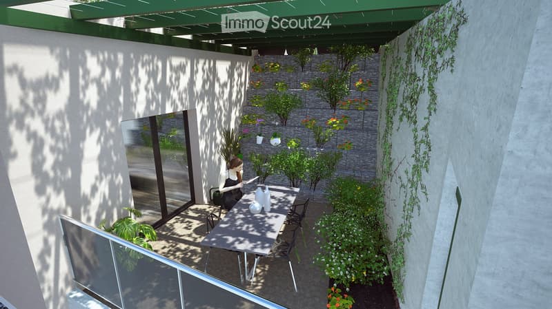 A modern outdoor patio with a dining table, chairs, and lush greenery, including climbing plants and colorful flowers. The space features a pergola, a staircase leading to a higher level, and a glass wall with a view of the interior.