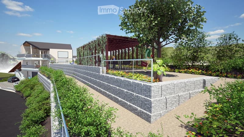 Outdoor area with a raised stone platform, a pergola, seating area, and surrounding greenery.