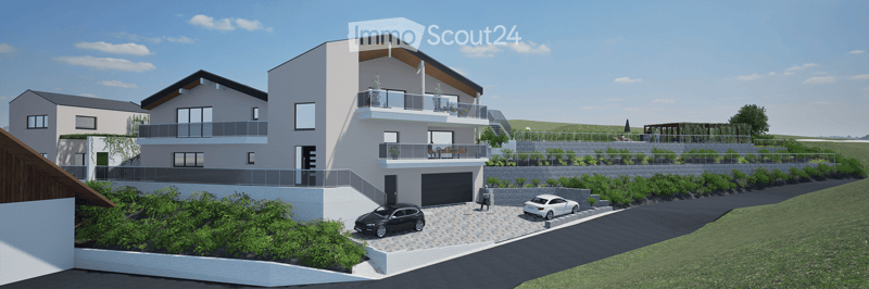 Modern two-story house with balconies, garage, and surrounding greenery.