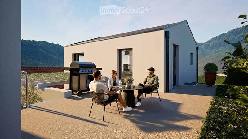 Outdoor patio with a modern grill, round table, chairs, and potted plants, overlooking a scenic mountain view.