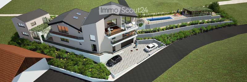 3D rendering of a modern two-story house with a garage, balcony, swimming pool, and parking area.
