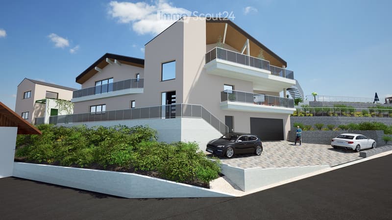 Modern two-story house with balconies, garage, and landscaped garden area.