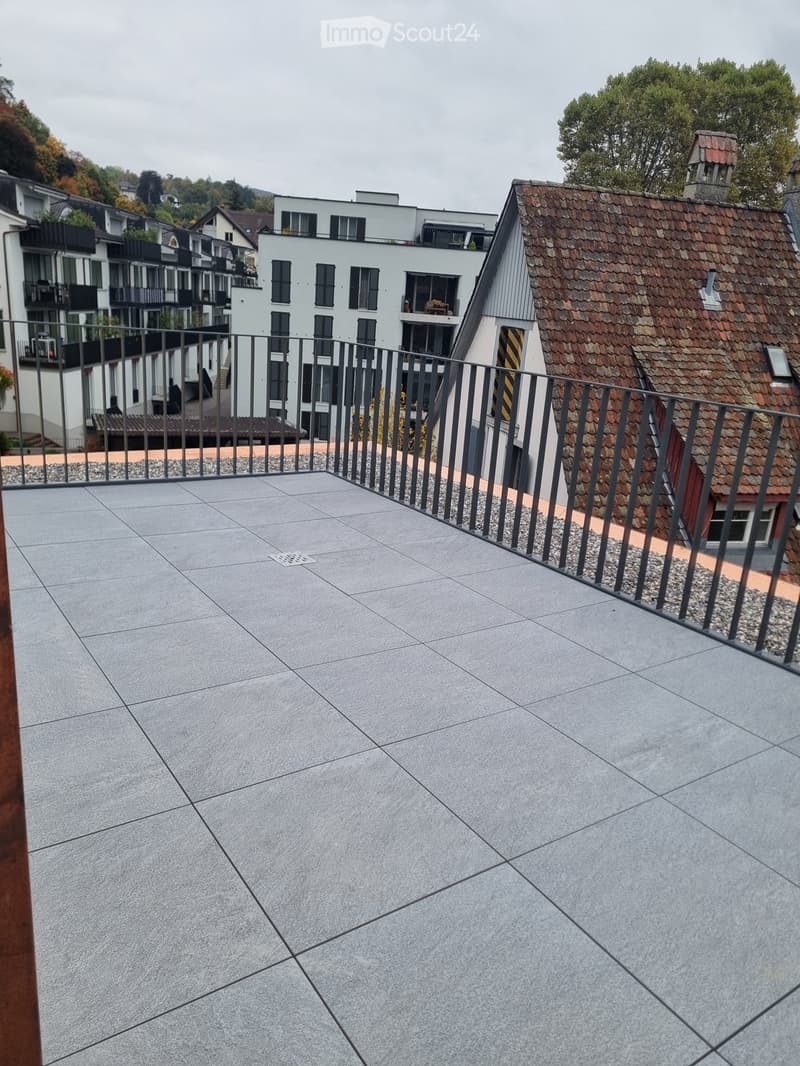 Roof terrace, tiled floor, fence, city view