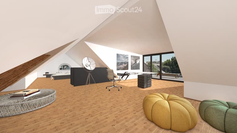 wooden floors, wooden attic beams, modern design furniture, office space with desk and chair, comfortable seating with bean bags