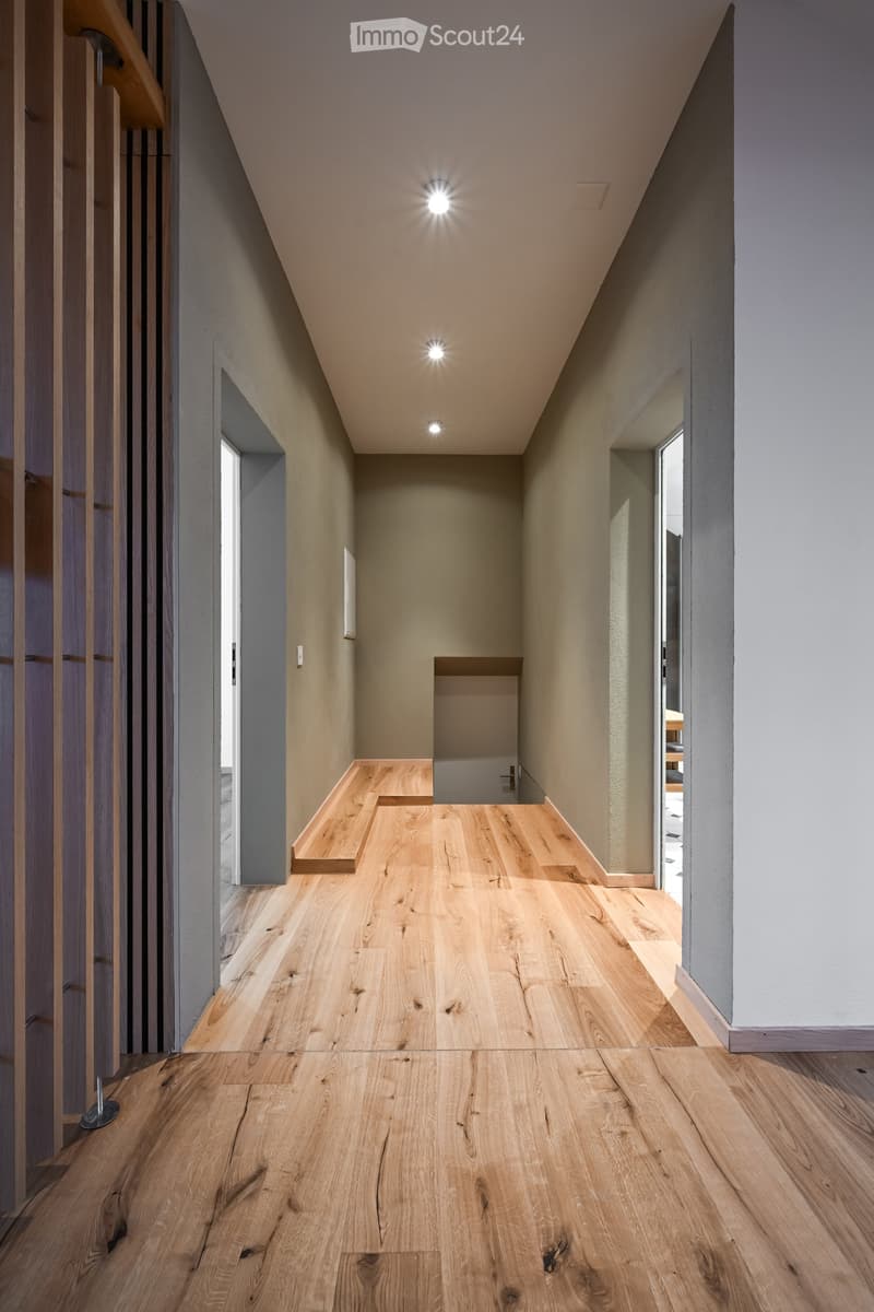 Modern hallway with wooden flooring, recessed ceiling lights, and neutral-colored walls. Features a small built-in shelf and a door leading to another room.