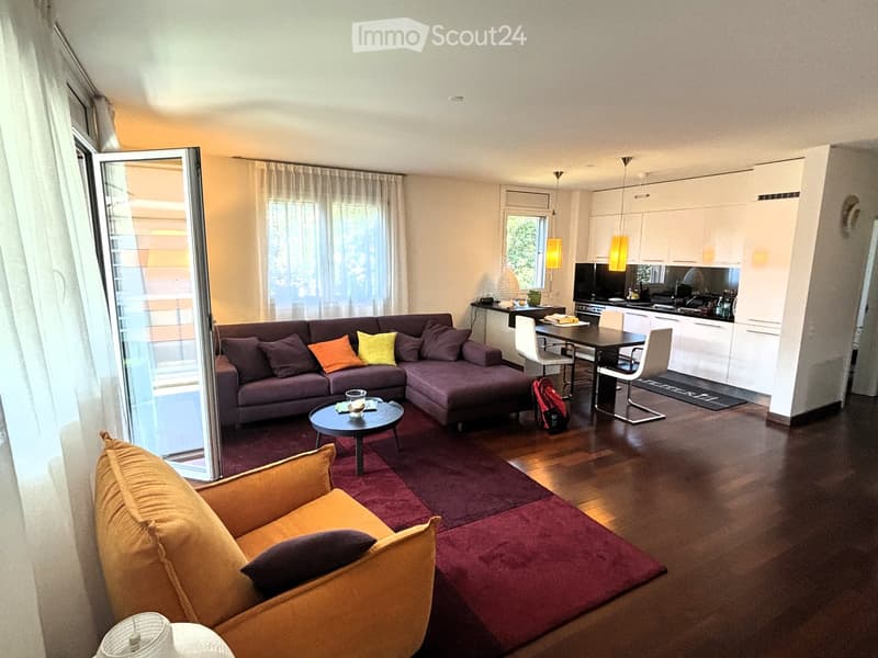 glass door balcony, couch, table, carpet, kitchen, dining table
