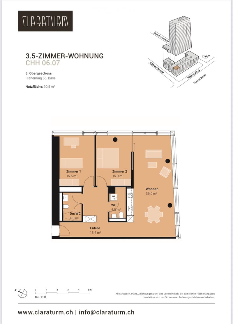 Floor plan of a 3.5-room apartment on the 6th floor, featuring two bedrooms, a living area, a bathroom, a WC, and an entrance.