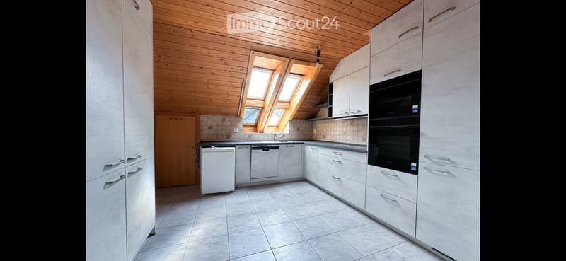 Modern kitchen with white cabinets, stainless steel appliances, and skylight windows.