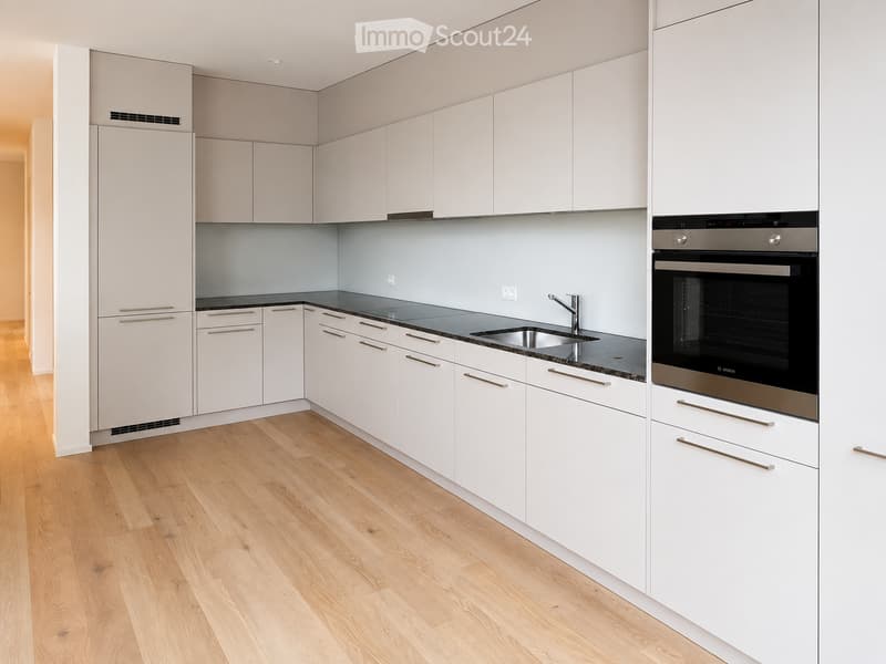 Modern kitchen with white cabinets, black countertop, stainless steel sink, and built-in oven.
