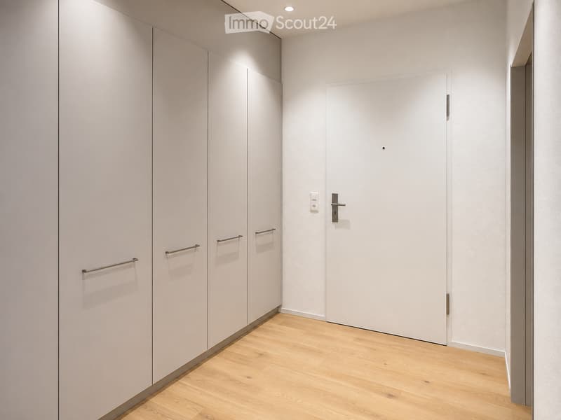 Modern hallway with light wooden flooring, white walls, built-in white closet units with silver handles, and a closed white door.