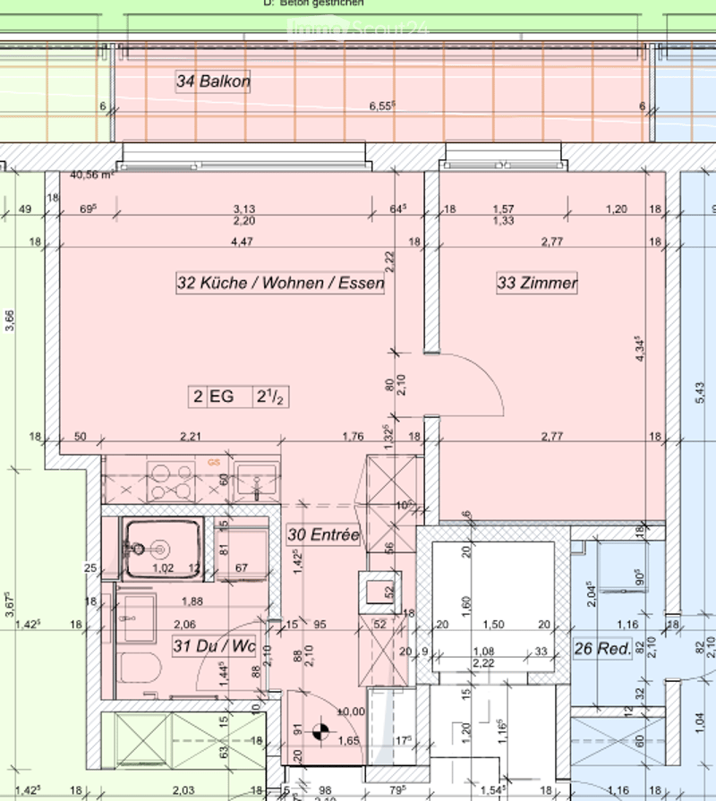 Floor plan of a residential unit showing a kitchen/living/dining area, bedroom, entrance, bathroom, and balcony.