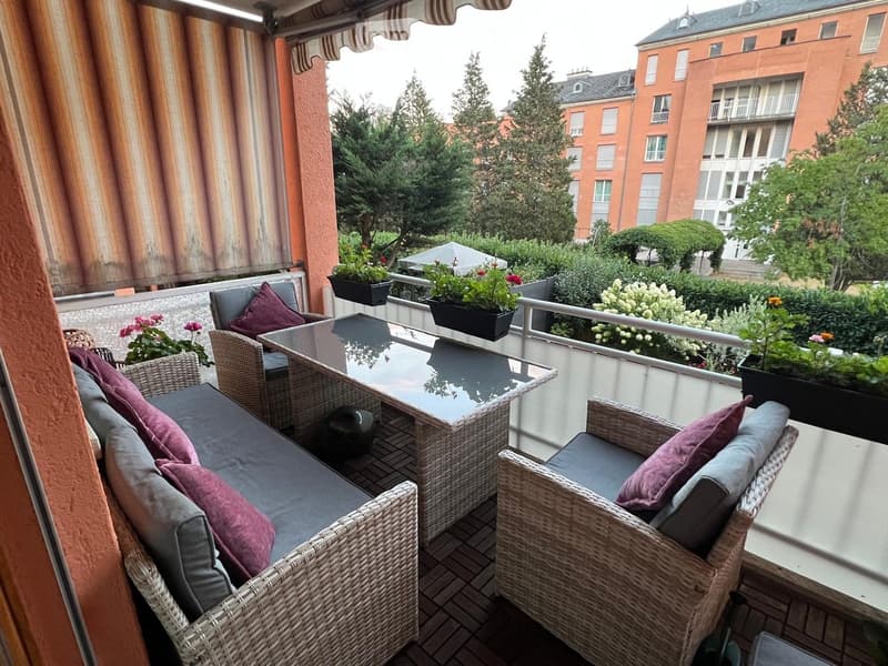 Balcony with wicker furniture, glass table, and potted plants, overlooking a green area with trees and buildings.